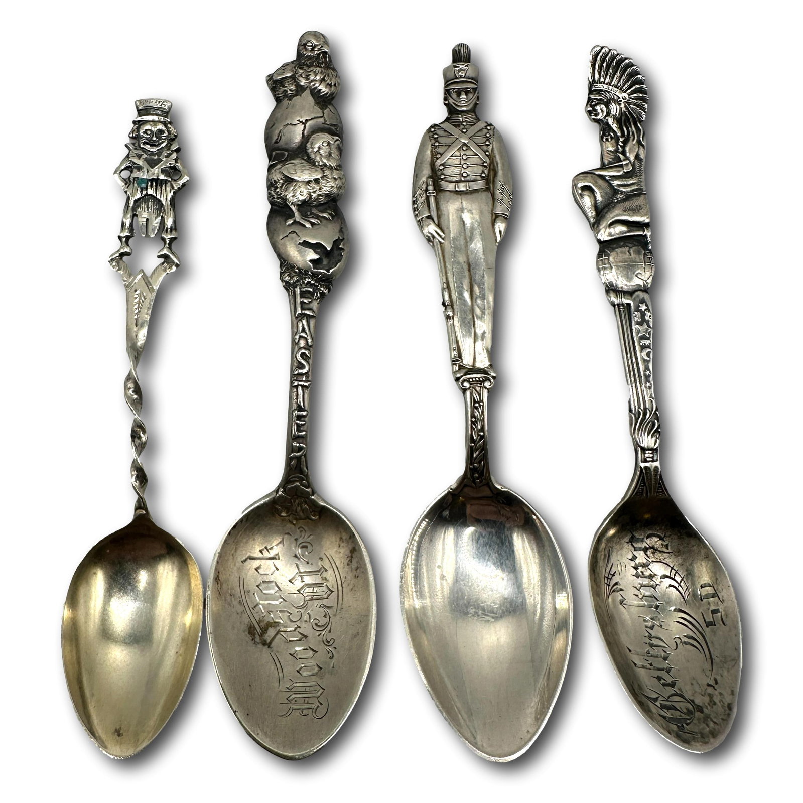 Assortment of Souvenir and Child Spoons - Indian, Soldier, Chicks, Clown: Each measures approximately 4" in length. Total weight 40 grams. Refer to photos for additional condition information as they are a part of the description. Please note lots may show signs of wear com