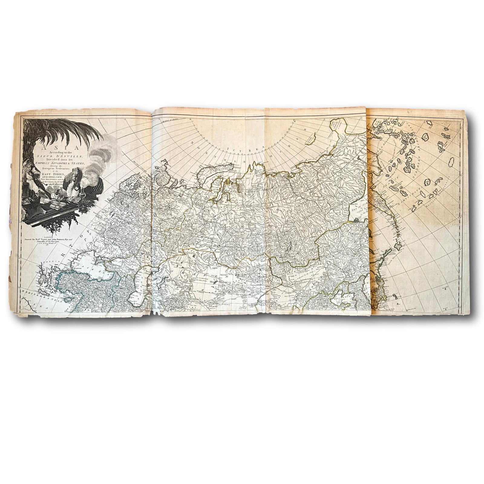 1780 Map of Asia Divided into its Empires Kingdoms & States: An authentic 18th century map. Measures: 21"H x 47 1/2"W. One panel is mended together with the other. Refer to photos for additional condition information as they are a part of the description. Pleas