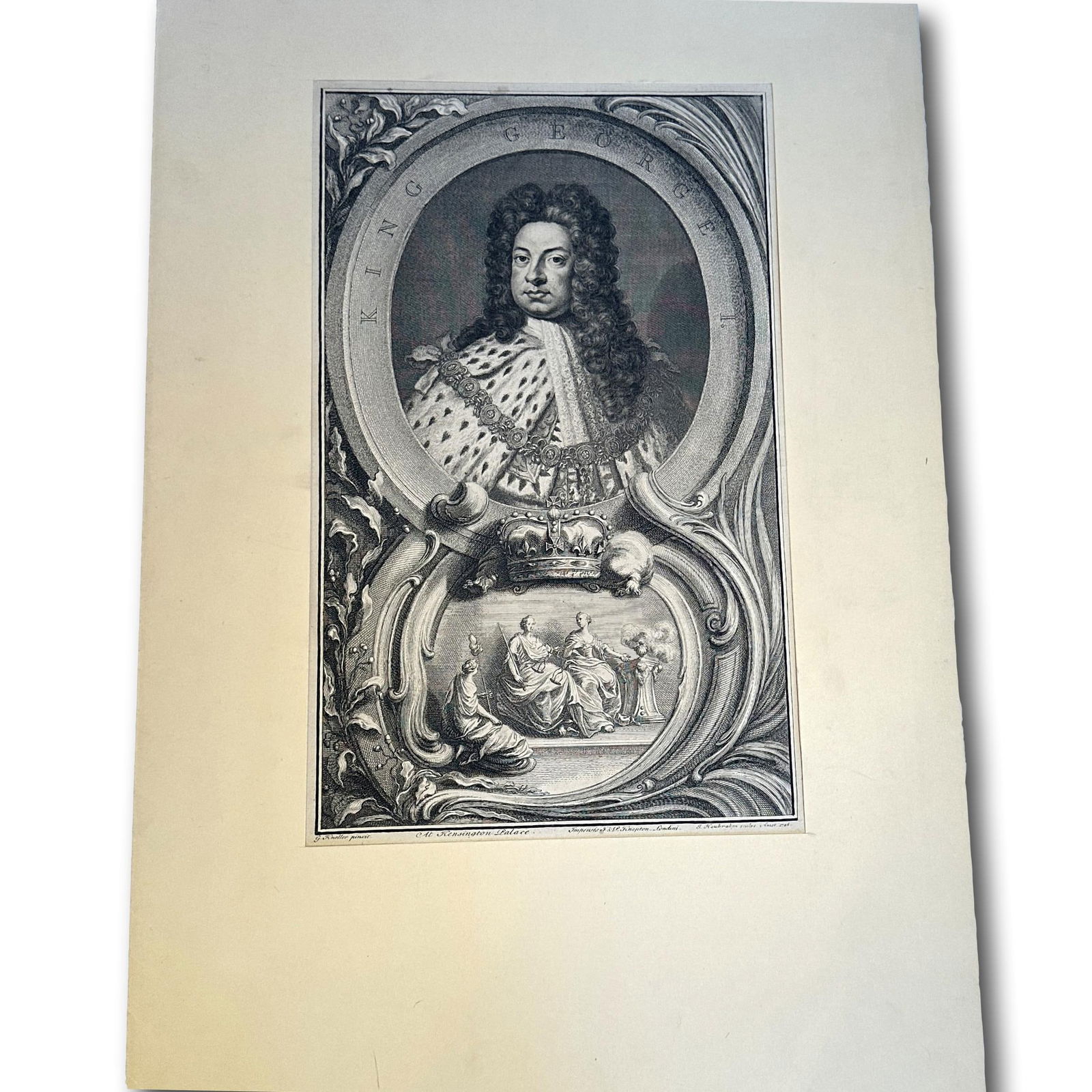 Antique 1746 Engraving Of King George I By Jacob Houbraken: Sheet measures 15 x 9 1/2 inches, image area 13 1/2 x 8 1/2 inches. George I, King of Great Britain and Ireland from 1714 until 1727, is the subject of this 1746 engraving by Jacobus Houbraken. The im
