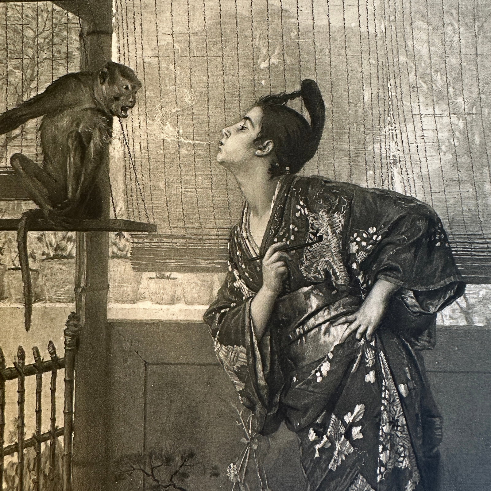Emile Villa (French, 1836-1859) Antique Print "A Japanese Fancy": Sheet size 15 1/2 x 12 inches. Image area 10 x 7 inches. Antique photogravure on heavy wove paper after the original painting by a Master Engraver. Refer to photos for additional condition information