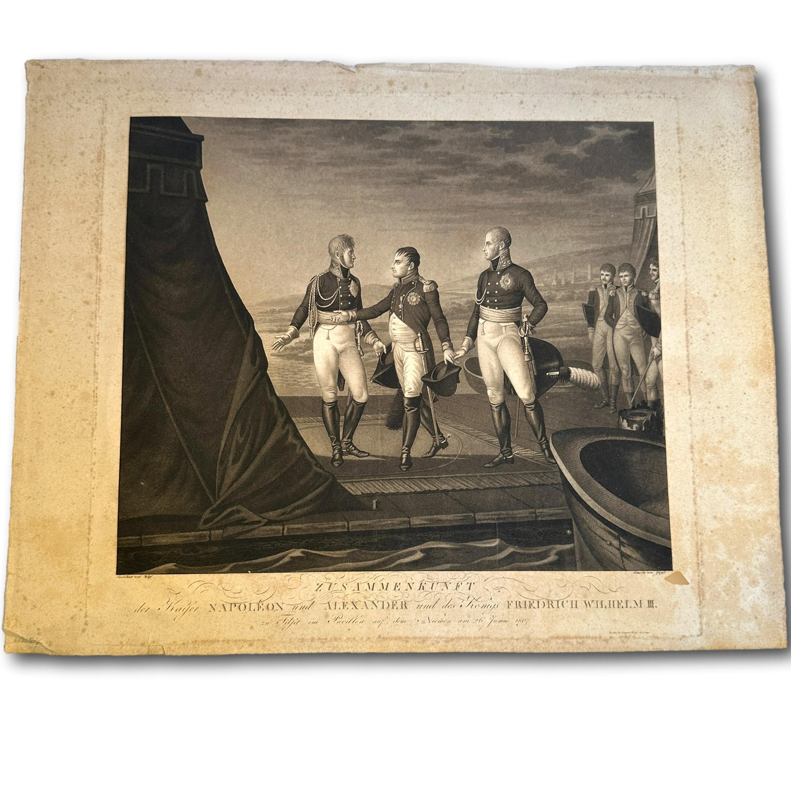 1807 Antique Engraving "Call Together" featuring Napoleon - Ex Museum Piece: Sheet measures 17 x 22, image area 13 1/2 x 16 inches. Ex-museum piece stamped on back. This is an engraving of a famous historical meeting: the gathering of Emperor Napoleon of France, Tsar Alexander