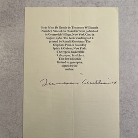 Tennessee Williams Autographed Book Page