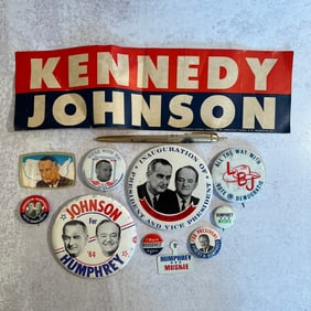 Kennedy Bumper Sticker, Johnson Pen, Humphrey, Muskie Campaign Memorabilia