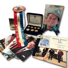 Ronald Reagan Collectible Gold Plated Cufflinks, Watch (Runs), Medals and Post cards