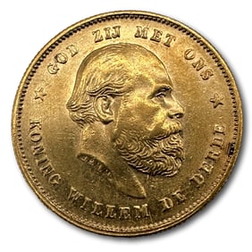 1876 Gold Netherlands King Willem III 10 Guilder Gold Coin