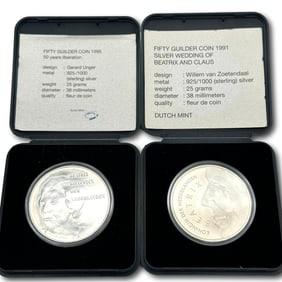 Netherlands Two Silver 50 Guilder Proof Coins