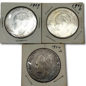Netherlands Three 2 1/2 Guilder Silver Coins