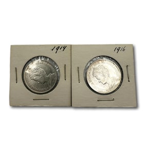 1914 and 1916 Netherlands 1 Guilder .945 Fine Silver Coins