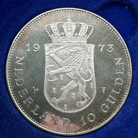 1973 Netherlands 10 Guilder Juliana Silver Anniversary Coin