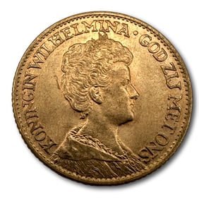 1912 Wilhelmina 10 Guilder Gold Coin