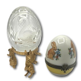 Faberge Cut Crystal Egg with Original Box Plus Limoges Egg Trinket Box