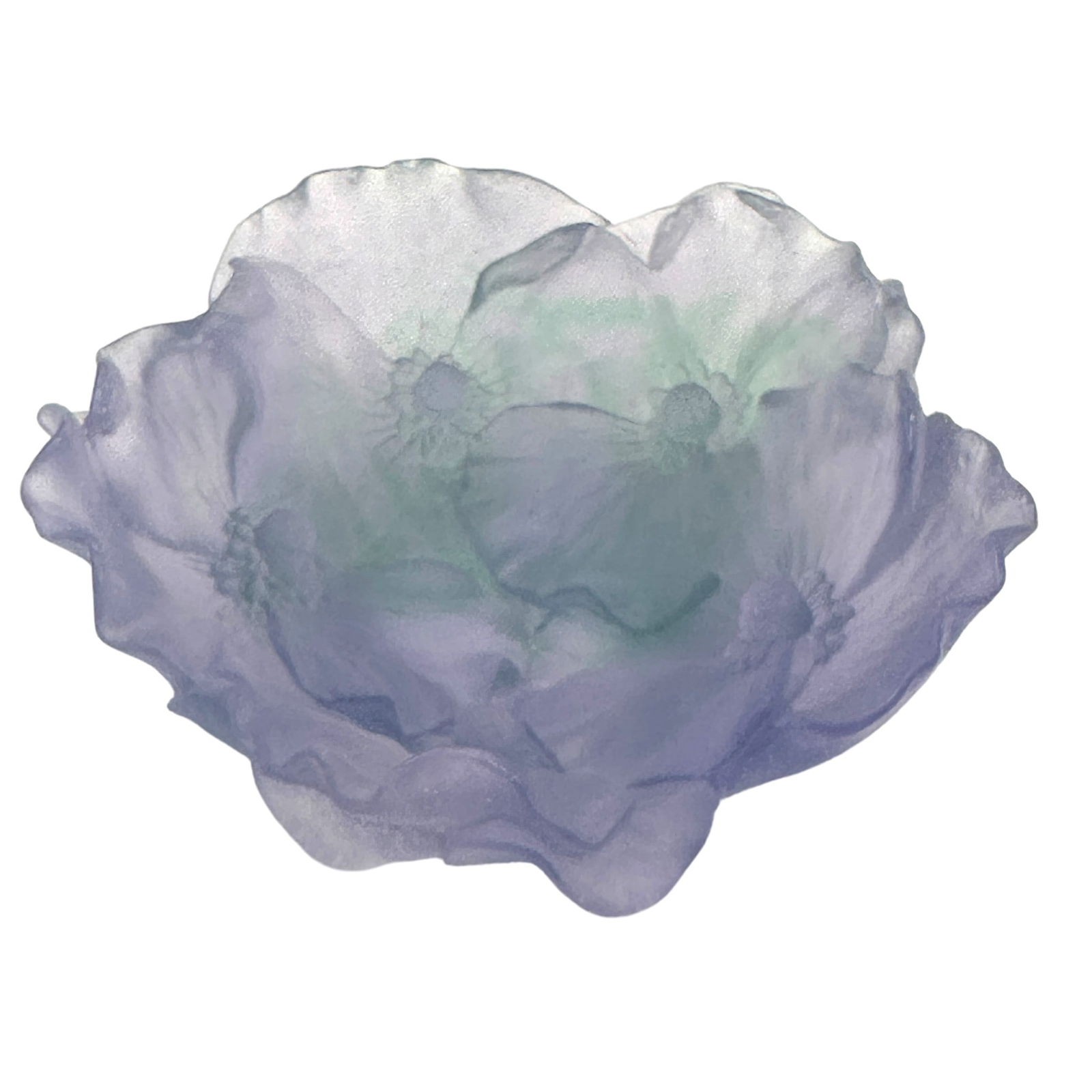 Daum Pate De Verre Lavender Hibiscus Flower Dish: Description: An exquisite Daum Nancy pâte de verre glass bowl, gracefully formed in the shape of open blossoms. The translucent glass displays a delicate gradient of soft lavender and pale green hues