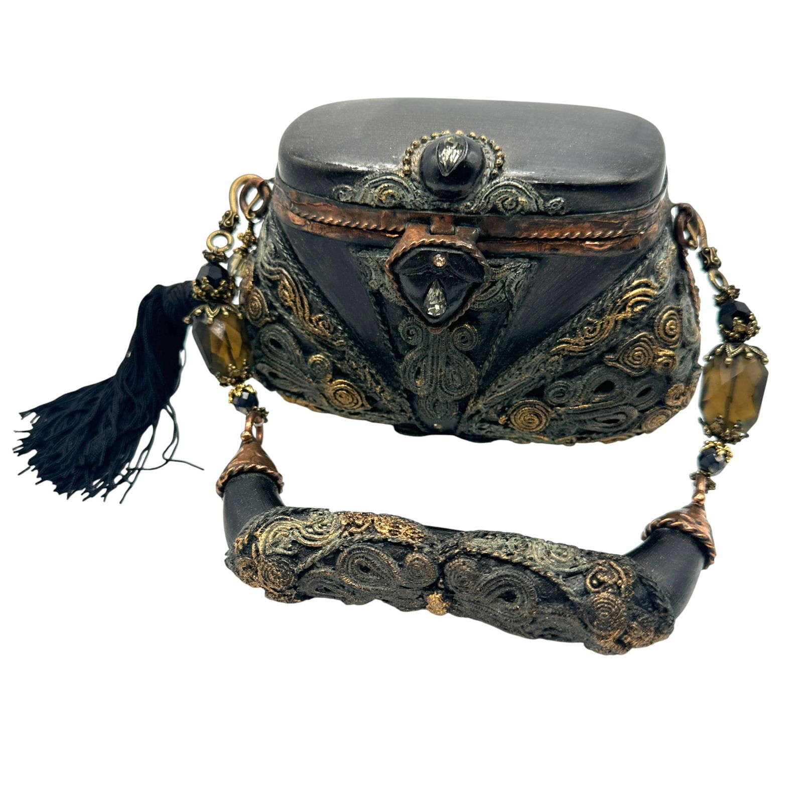 Maya Evangelista Embellished Resin Purse: See measurements in photos 7-10. Refer to photos for additional condition information as they are a part of the description. Please note lots may show signs of wear commensurate with age and use, and