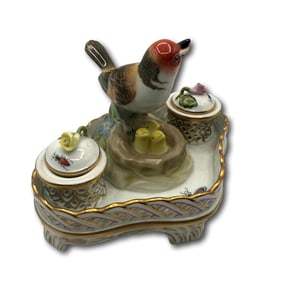 Herend Porcelain Inkwell with Bird and Nest, Hungary, 20th Century