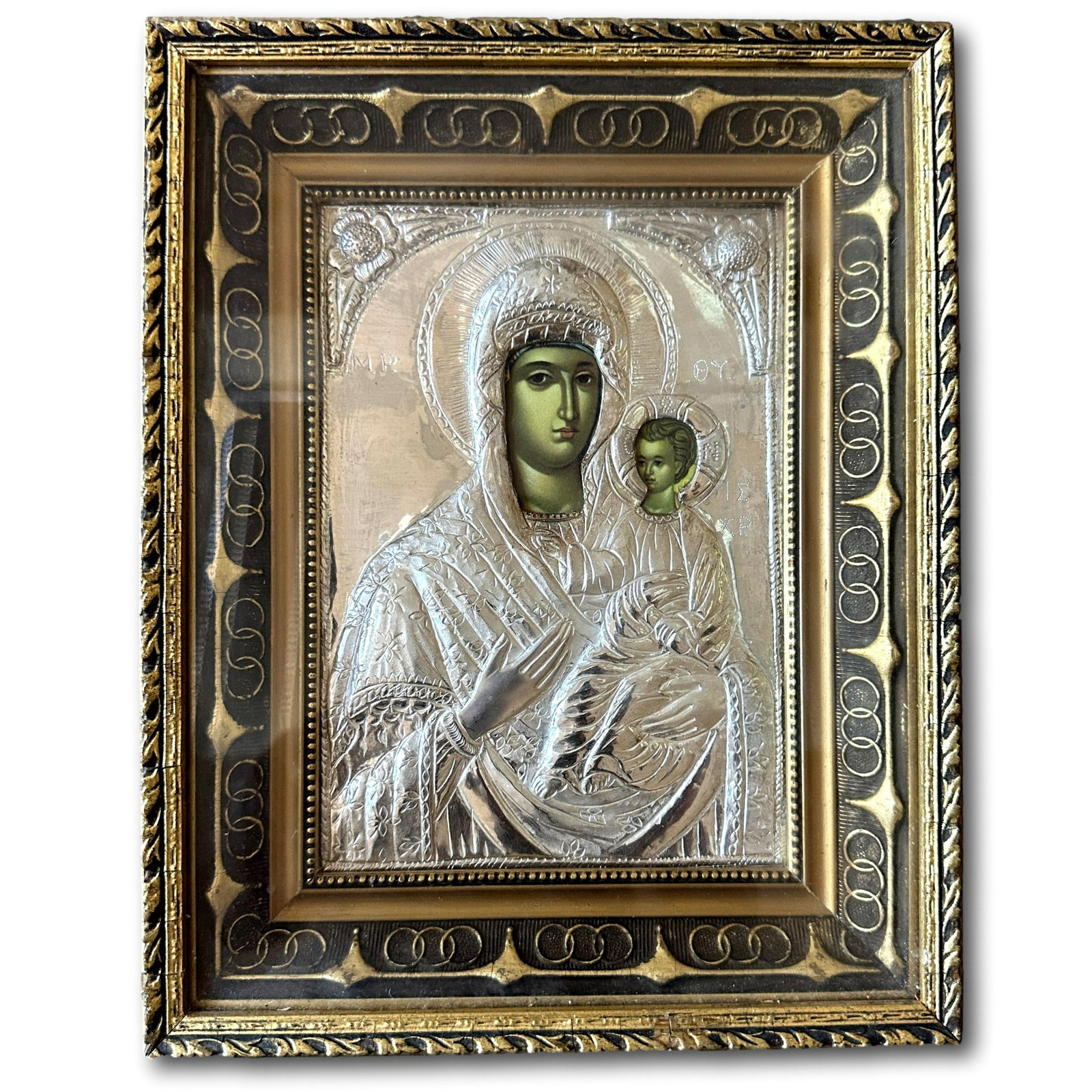 Framed Greek Orthodox Icon: Frame measures 10" tall x 8" wide. Refer to photos for additional condition information as they are a part of the description. Please note lots may show signs of wear commensurate with age and use, an