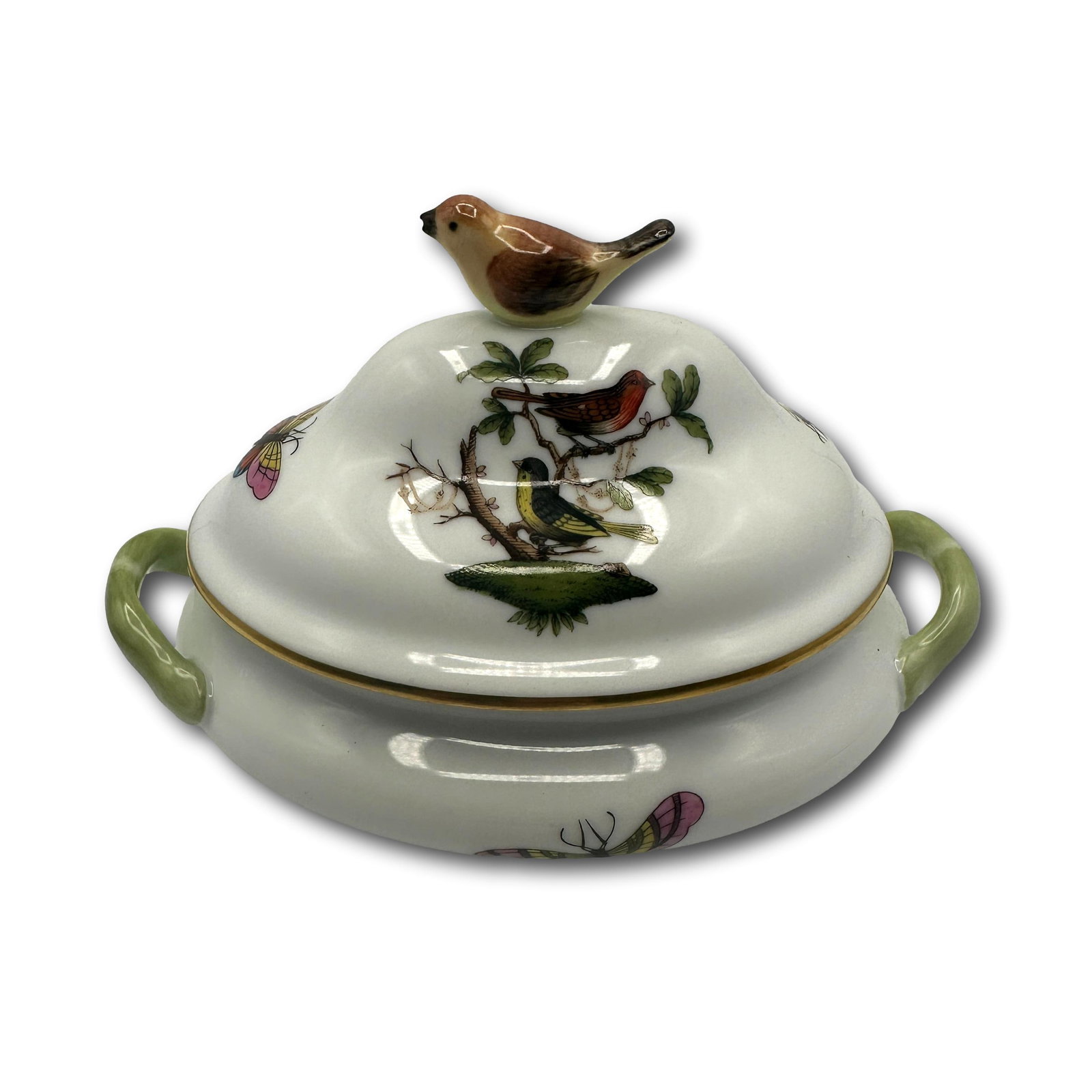 Herend Rothschild Bird Miniature Tureen: Measures approximately 5" from handle to handle and 3 1/2" tall. Refer to photos for additional condition information as they are a part of the description. Please note lots may show signs of wear com