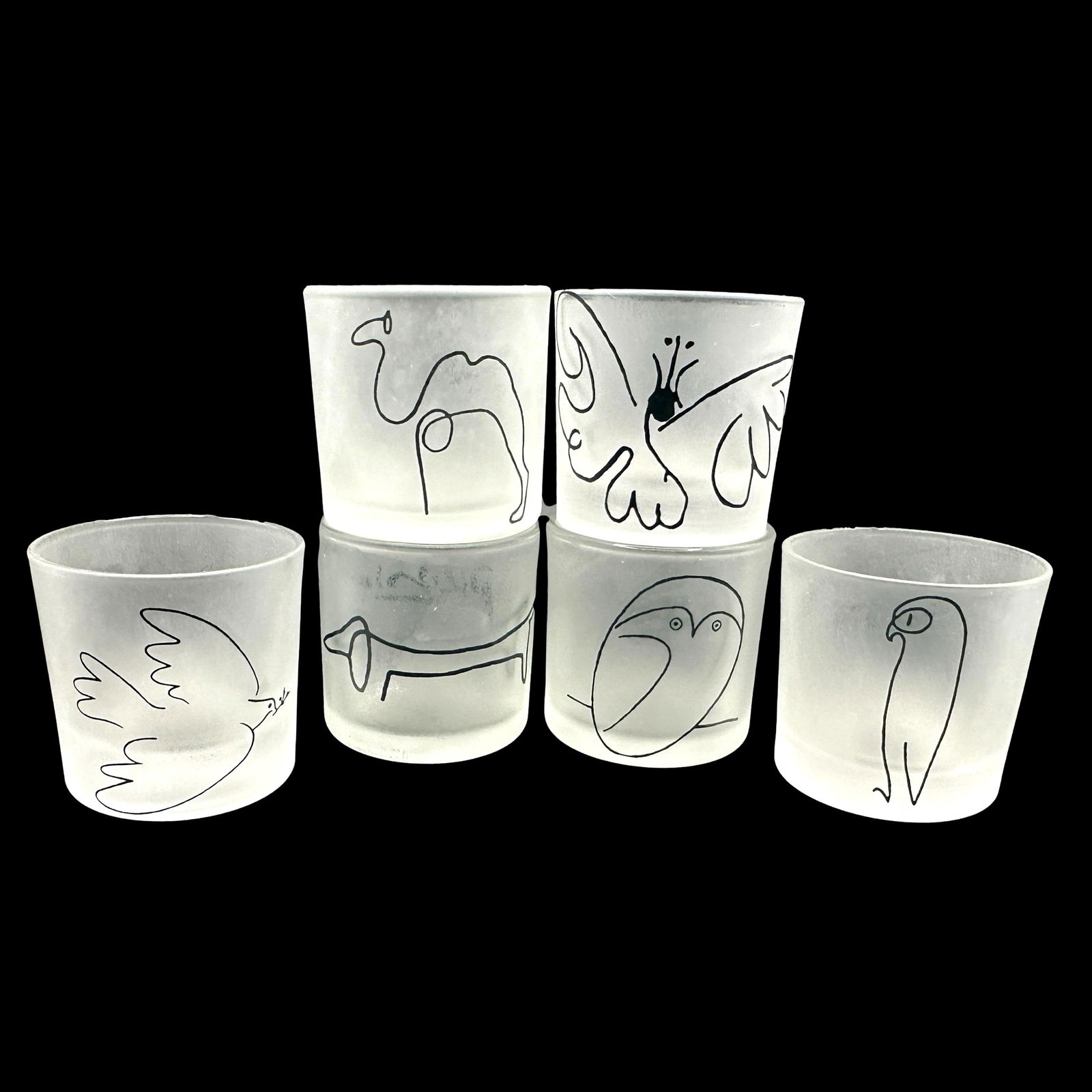 Set of Picasso Souvenir Shot Glasses from The Paris Picasso Museum: Each measures approximately 1 3/4" high. Refer to photos for additional condition information as they are a part of the description. Please note lots may show signs of wear commensurate with age and u