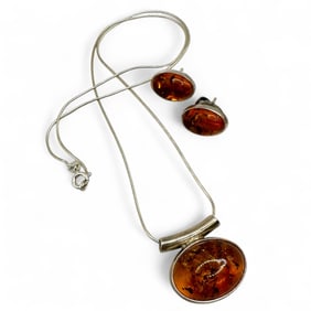Ladies Amber Earrings and Pendant Set in Sterling Silver