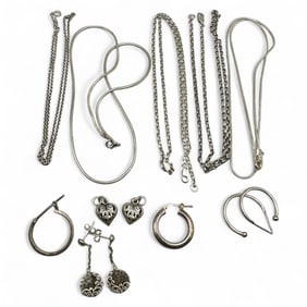 Group of Ladies Sterling Silver Chains and Earrings