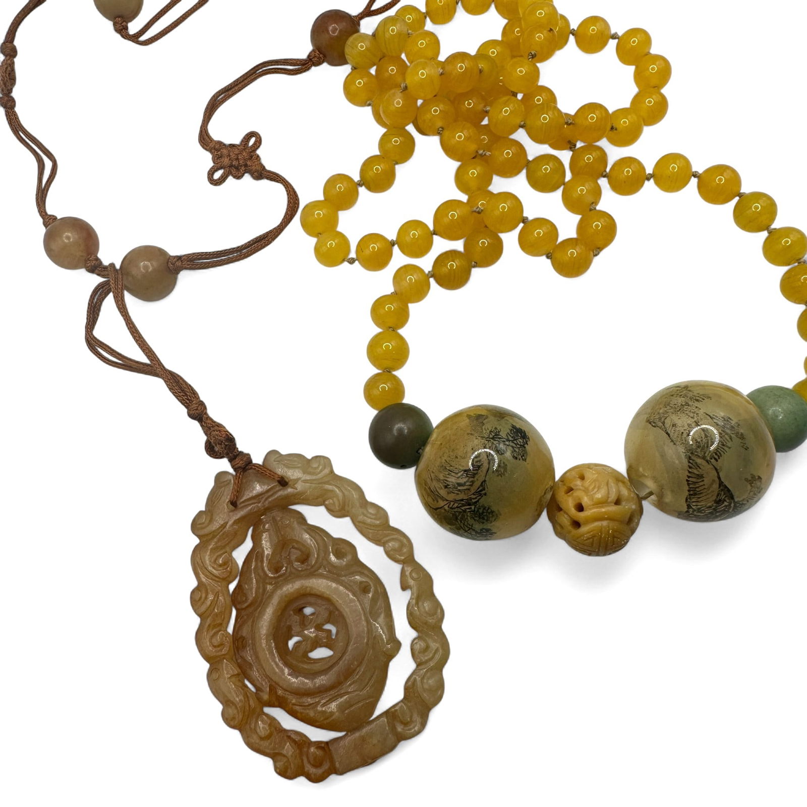 Pair of Vintage Chinese Necklaces: Pendant on rope measures 2 1/4" long and rope necklace measures 26" from end to end. Beaded necklace measures 28" from end to end. Refer to photos for additional condition information as they are a pa