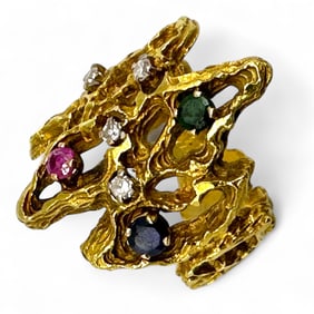 Ladies Brutalist 18K Gold Ring with Gemstones
