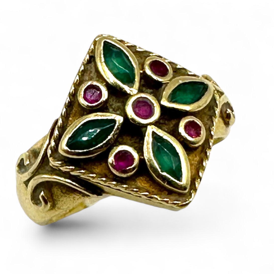 Ladies Fashion Ring in 14K Gold: Ladies fashion ring made of 14K yellow gold set with small simulated stones. Ring weighs 4.1 grams. Refer to photos for additional condition information as they are a part of the description. Please n