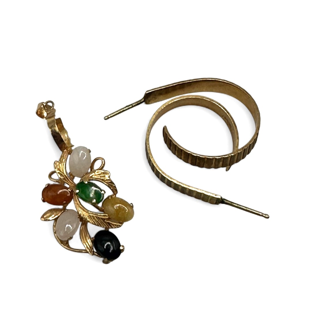 14K Gold Earrings and Jade Pendant: Earrings weigh 2.7 grams, pendant weighs 1.8 grams. Refer to photos for additional condition information as they are a part of the description. Please note lots may show signs of wear commensurate wit