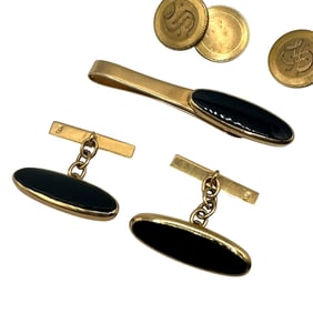 18K Gold and Onyx Cufflinks & Tie Clasp with Gold Plated Cufflinks