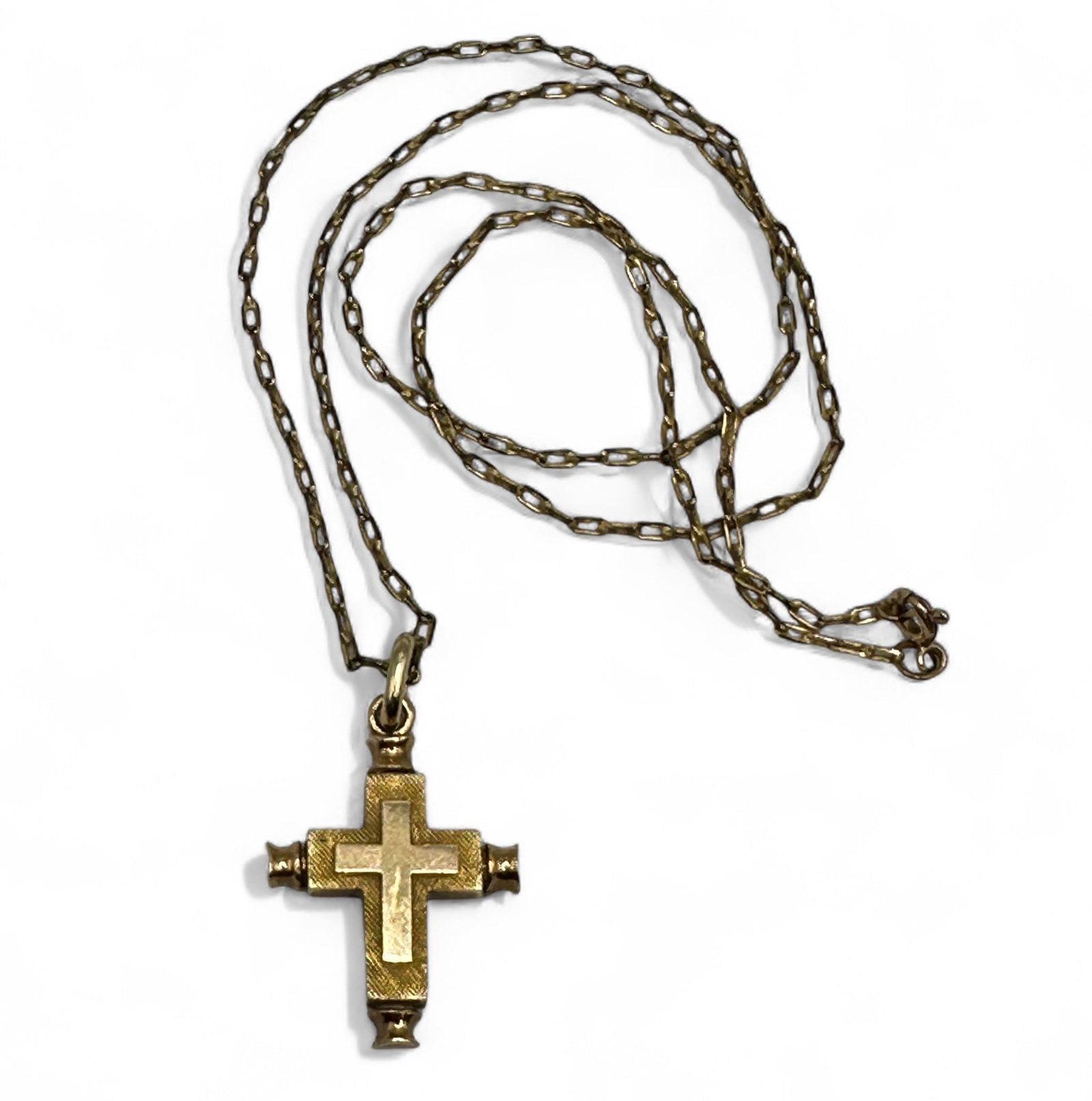 Cross Pendant in 14K Gold with Gold Filled Chain: Cross pendant made of 14K yellow gold suspended from a gold filled link chain. Pendant and chain weight a total of 4.4 grams. Refer to photos for additional condition information as they are a part of