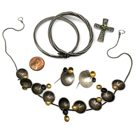 Modernist Sterling Silver Necklace with Bangle Bracelets and Cross Pendant