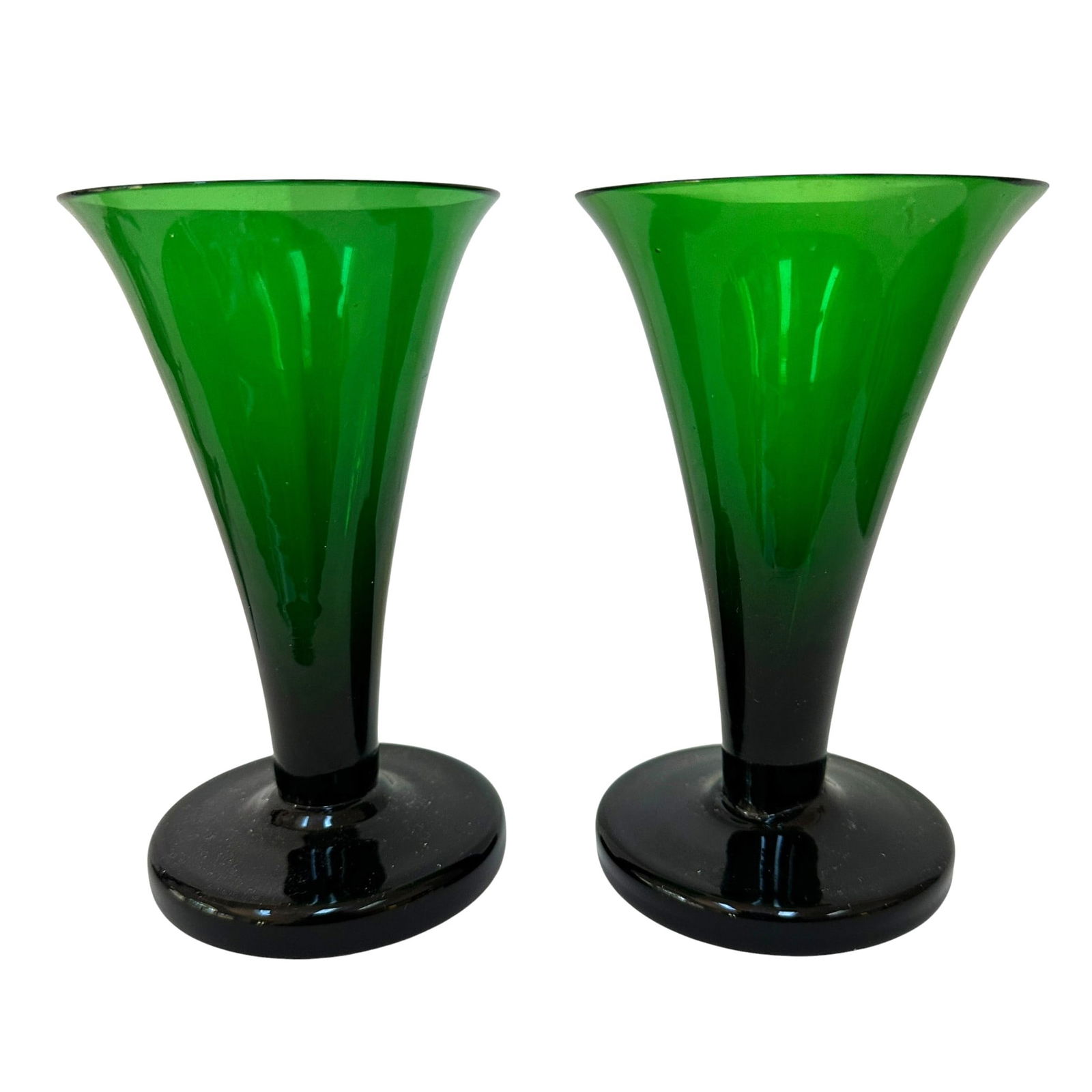 Pair of William Yeoward Myrtle Trumpet Glasses: Each measures 6" tall by 3 3/4" across the top. Refer to photos for additional condition information as they are a part of the description. Please note lots may show signs of wear commensurate with ag