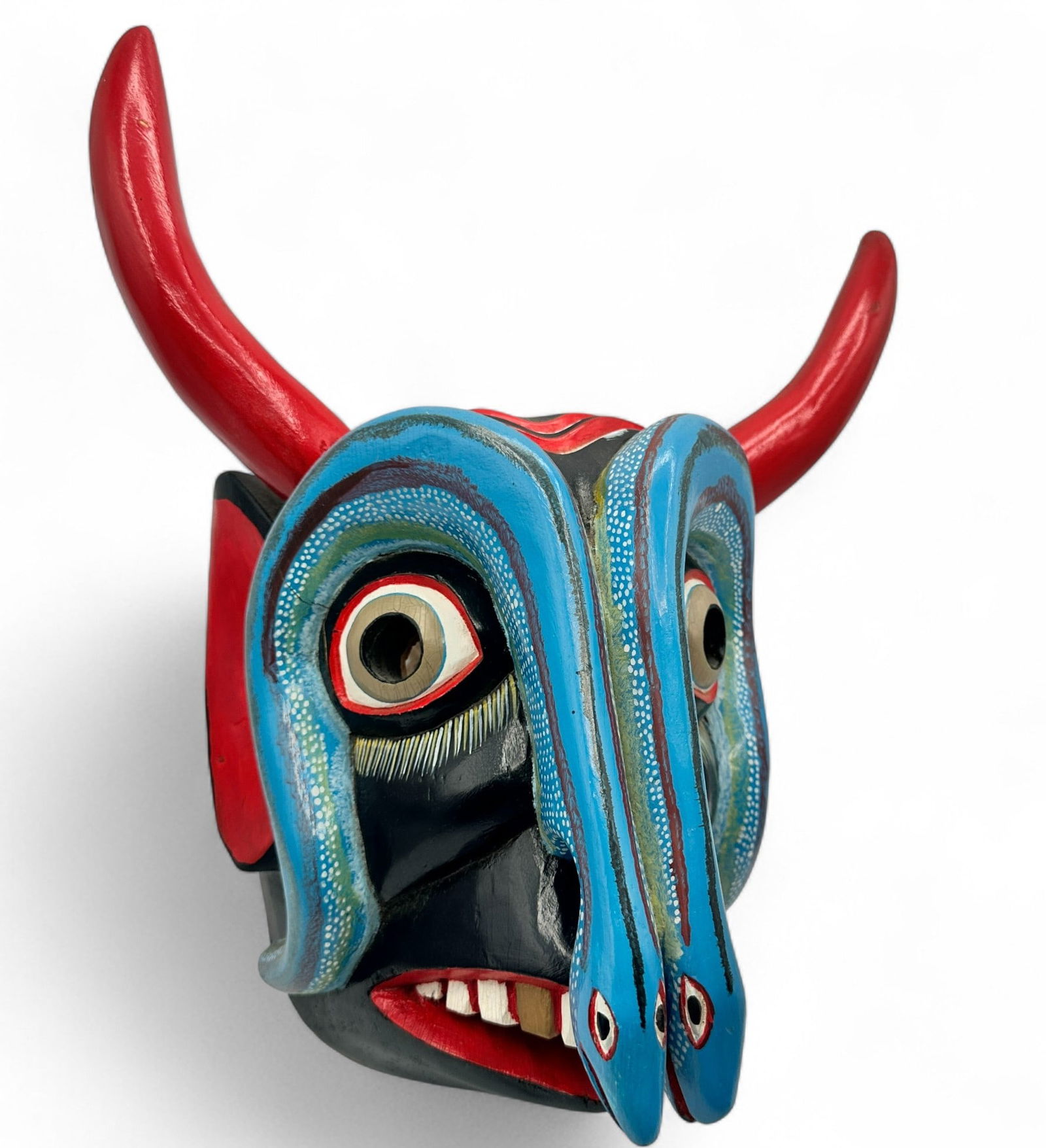 Mexican Wood Carved Folk Art Mask with Snakes and Horns (1 of 7)