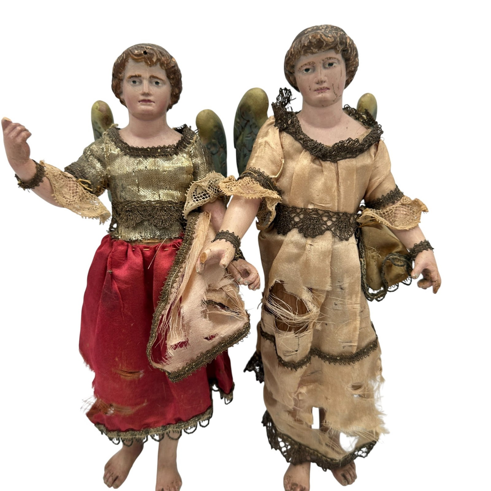 Pair of Antique Creche Angels: Each measures 9" tall. Made of carved wood. Refer to photos for additional condition information as they are a part of the description. Please note lots may show signs of wear commensurate with age an