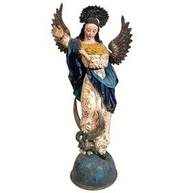 Large Antique Carved Wood Colonial Santo Virgin of Quito