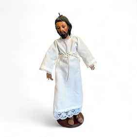 Antique Carved Wood Santo Figurine - Glass Eyes