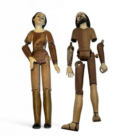 Pair of Antique Wood Santo Figurines - Glass Eyes
