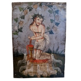 Antique Oil on Tin Retablo - Mystical Vine, The Eucharistic Man of Sorrows
