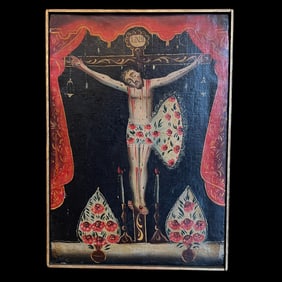 Antique Spanish Colonial  Period Oil on Canvas - The Crucifixion