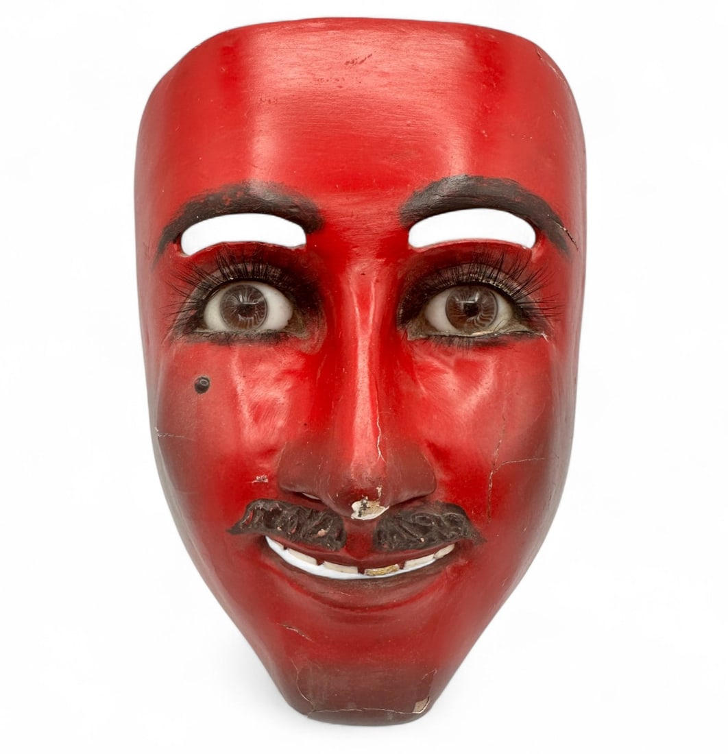 1940's Mexican Folk Art Dance Mask with Glass Eyes: Measures 7"H x 6"W x 3 1/2"D. Refer to photos for additional condition information as they are a part of the description. Please note lots may show signs of wear commensurate with age and use, and the