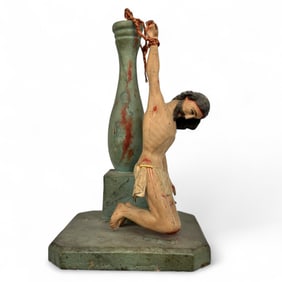 Antique Hand Carved Wood Polychrome Christ at the Column Religious Figurine