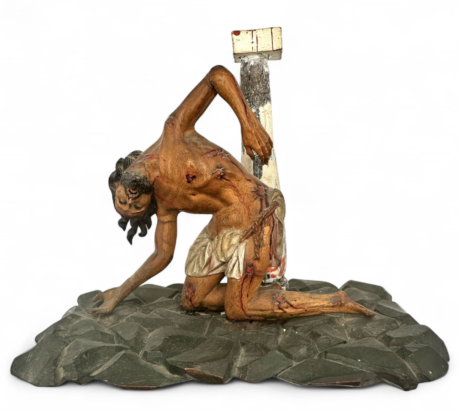 Antique Hand Carved Wood Polychrome Religious Figurine - Christ at the Column (1 of 9)