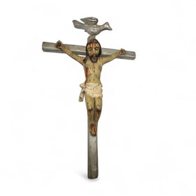 Antique Spanish Colonial Carved Wood Polychrome Crucifix