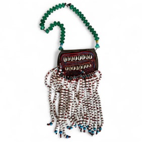 African Beaded and Cowrie Shell Necklace with Fringe Ornament