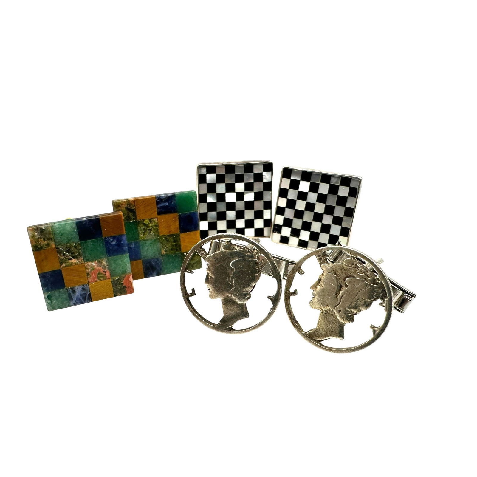 Collection of Mid Century Modern Cuff Links Including Mercury Dimes: Winning Bidders! To bypass LiveShipping, and use our In-House shipping service, please choose Self-Arranged Shipping at checkout. Refer to photos for additional condition information as they are a par