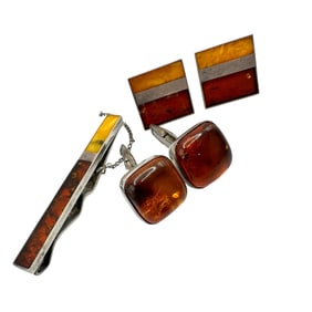 Collection of Amber Mid Century Modern Cuff Links and Tie Clip