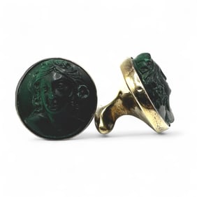 Pair of William Fredericks Sterling Silver Cufflinks with Antique Malachite Cameos