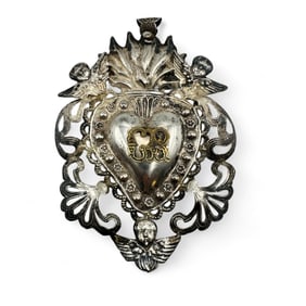Antique Copper Silverplated Italian Ex-voto Sacred Flaming Heart