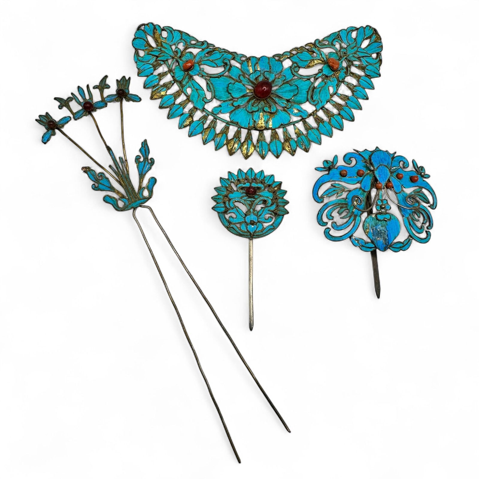 4 Antique Chinese Kingfisher Feather Hair Pin Ornaments (1 of 9)