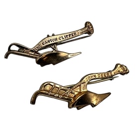 Pair of Antique John Deere Plow and Canton Clipper Lapel Pins