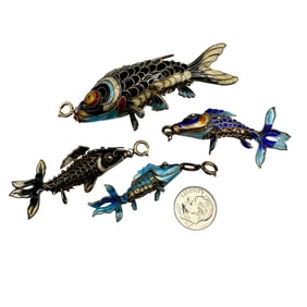 Lot of Antique Chinese Enamel Articulated Fish Charms
